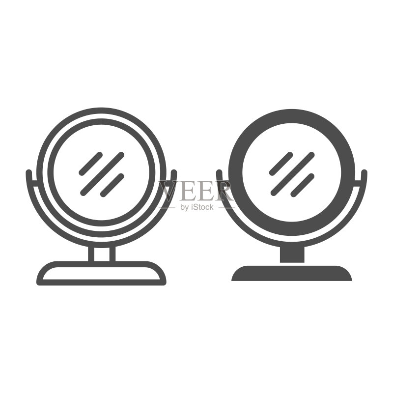 圆形化妆镜线条和轮廓字形图标。桌面镜矢量图,与白色背景隔离。专为网页和App设计的桌面镜轮廓样式。EPS 10。图标素材