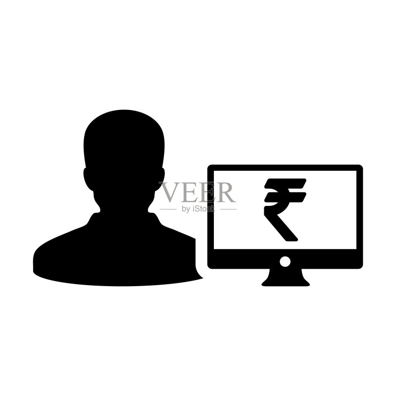 电脑显示器和卢比符号的收入图标矢量男性用户个人资料头像,适用于扁平彩色字形图中的银行和金融业务图标素材