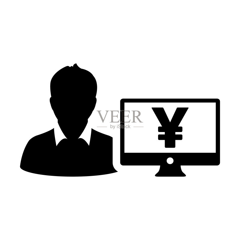 现金图标矢量男性用户人物头像,带有日元符号和电脑显示器货币符号,用于银行和金融业务的扁平彩色字形象形图图标素材