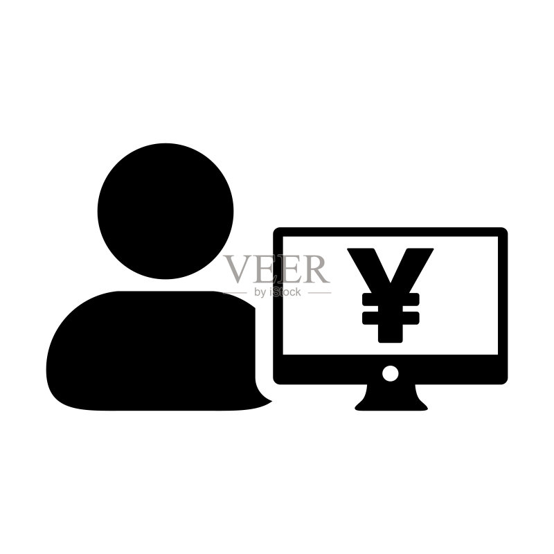 销售图标矢量:男性用户头像,日元符号和电脑显示器,用于银行和金融业务的扁平彩色字形图示图标素材