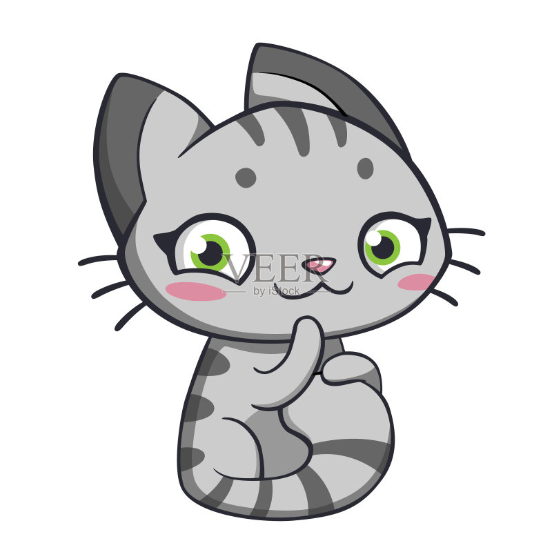 小猫卡通人物。灰条纹害羞小猫正版插画素材