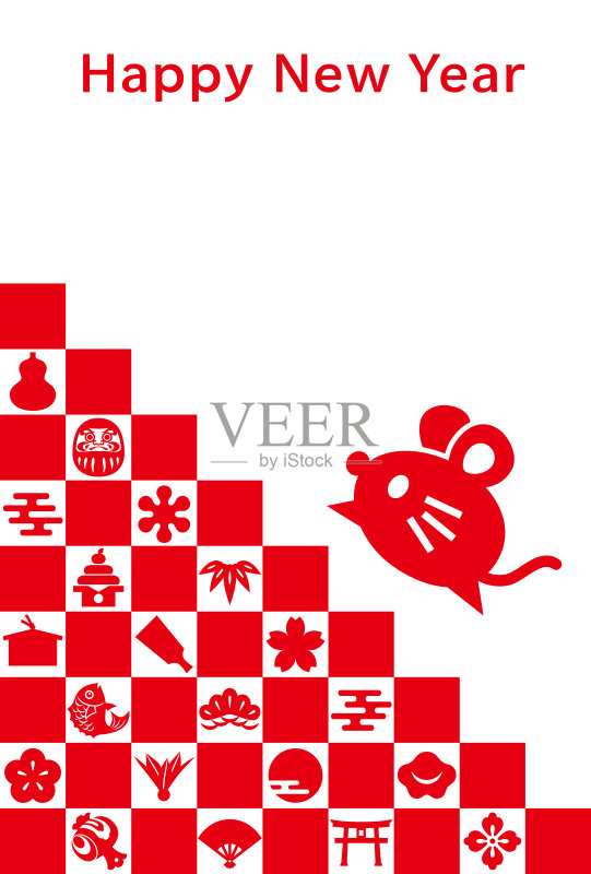 带有鼠标和日本图标的贺年卡。正版插画素材