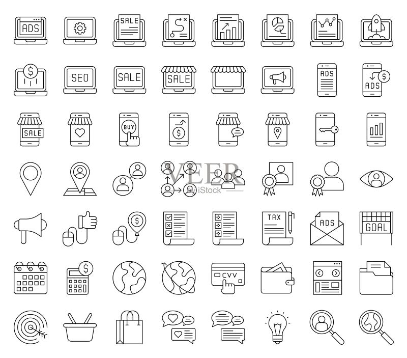 数字营销矢量集,线性图标可编辑描边图标素材