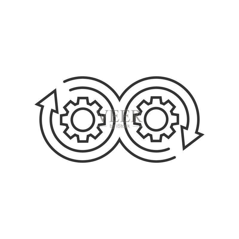 扁平风格开发图标,白色背景DevOps矢量图,带箭头的齿轮商业概念图标素材