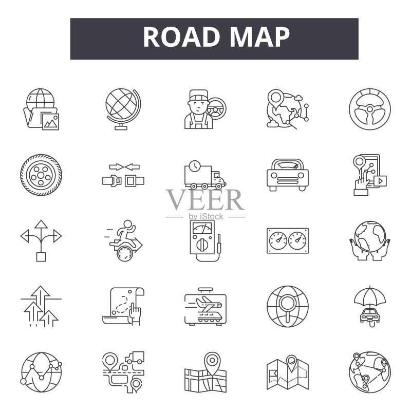 路线图线条图标、符号集、矢量图:道路、地图、方向、旅行、位置、指针图标素材