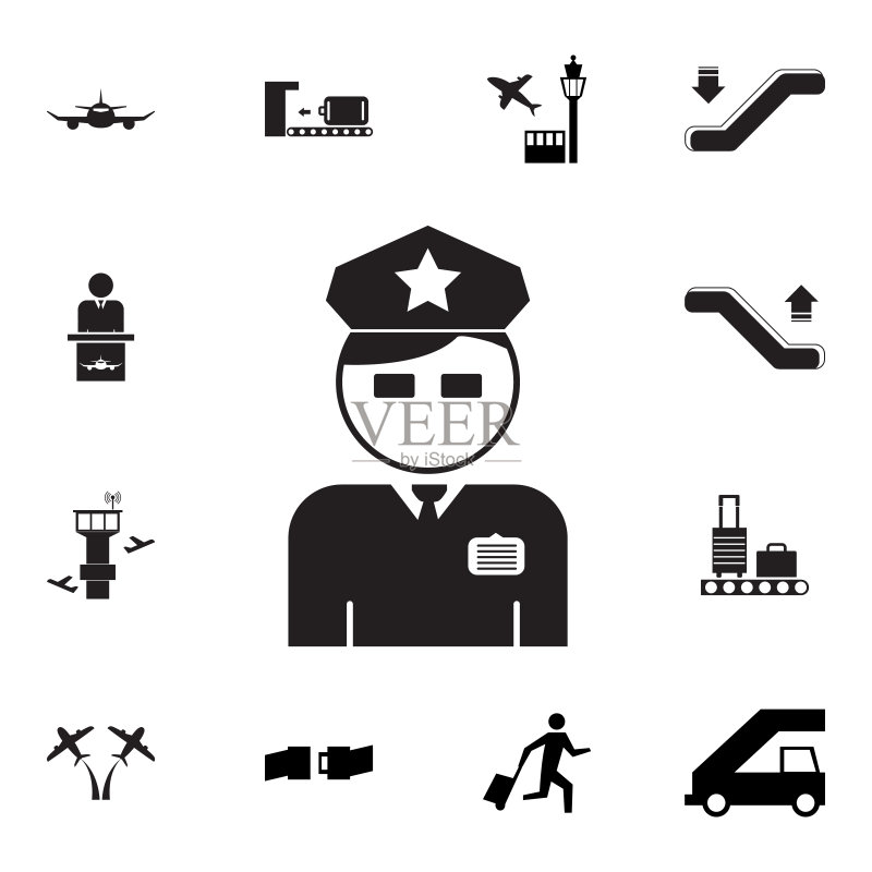 警察头像图标。一套机场元素图标。用于网站、网页设计、移动应用程序的优质航空图形设计收藏图标图标素材