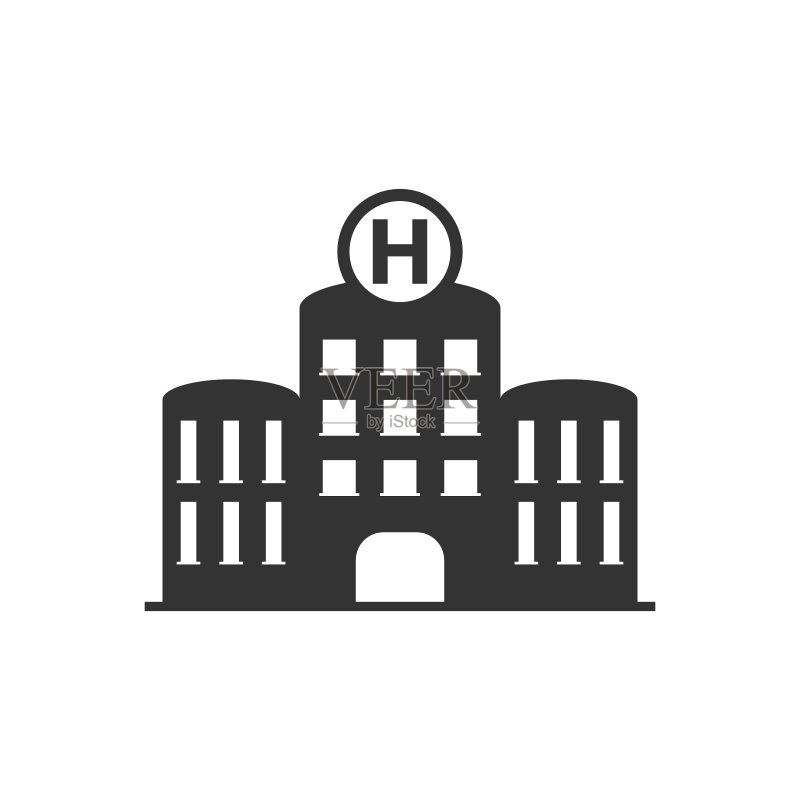 扁平风格的医院建筑图标。白色背景上的医务室矢量图。医疗救护业务概念。图标素材
