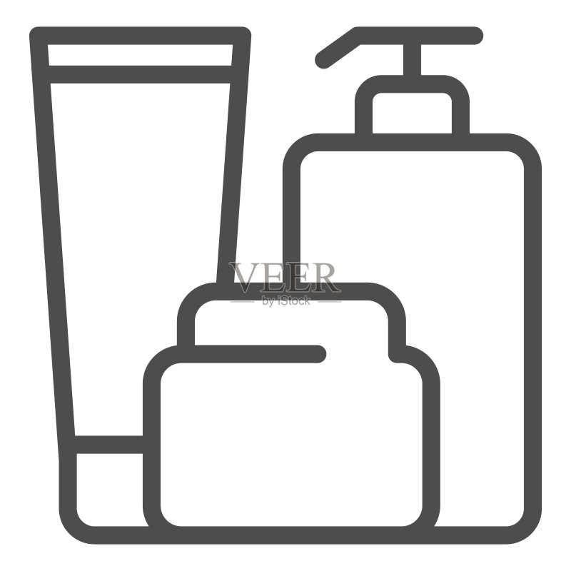沐浴瓶线条图标。乳液、霜和凝胶矢量图,白色背景。沐浴后护理轮廓风格设计,专为网页和应用程序设计。图标素材