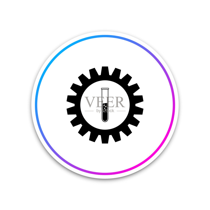 齿轮和试管图标,化学工业概念, cogwheel 和烧瓶标志,实验实验室玻璃化学研究符号,白色圆形按钮,矢量图图标素材