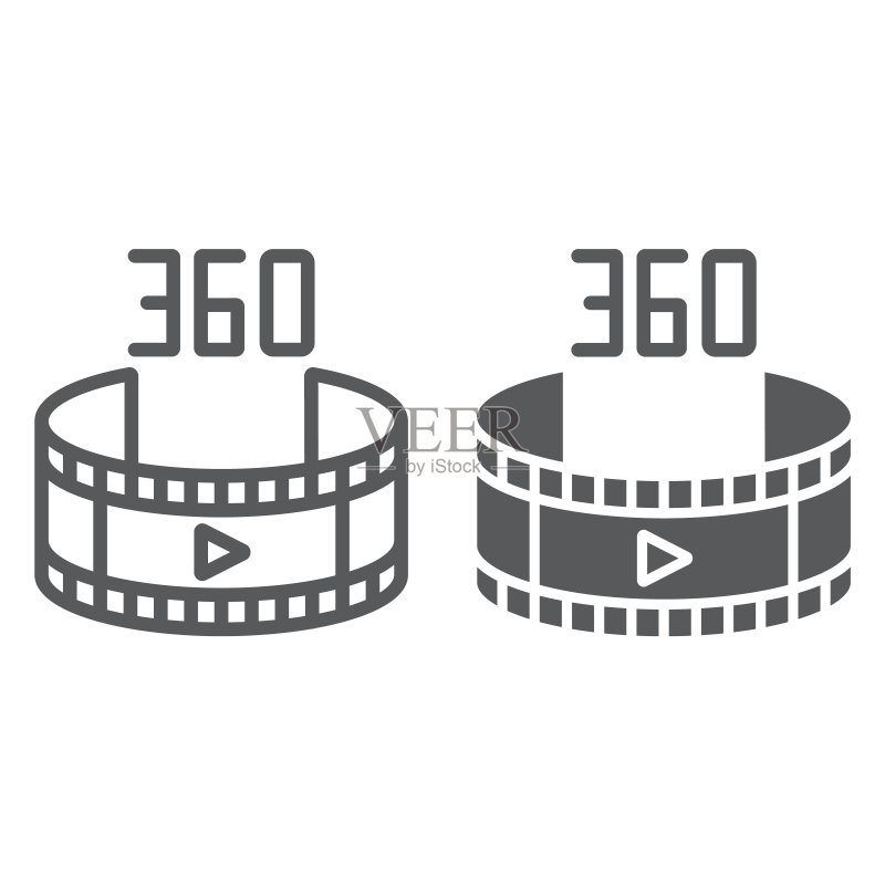 360度视频线性图标,旋转和观看全景视频标志矢量图形,白色背景上的线性图案图标素材