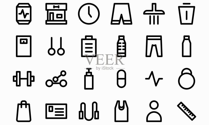 健身图标集矢量图。可编辑的笔画和颜色。图标素材