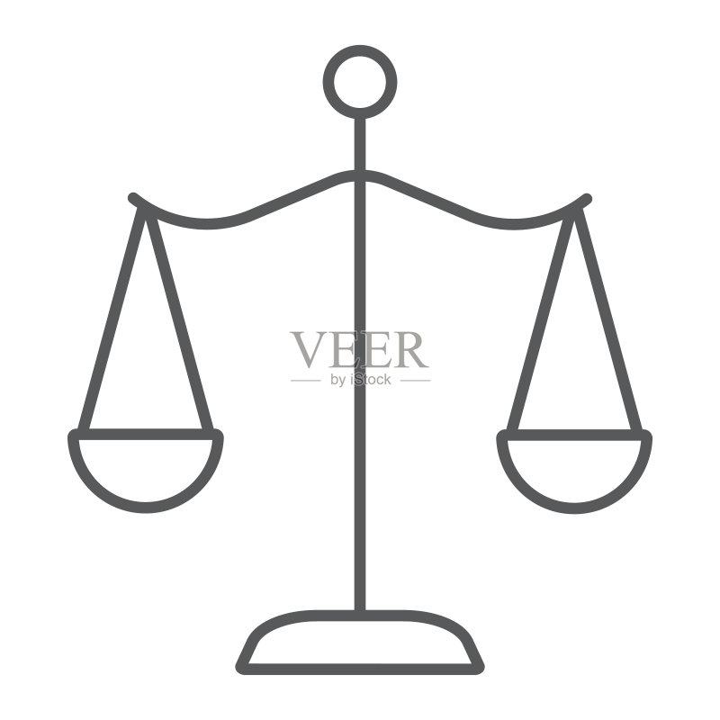 天平刻度细线图标,正义与法律,平衡标志,矢量图形,白色背景上的线性图案。图标素材