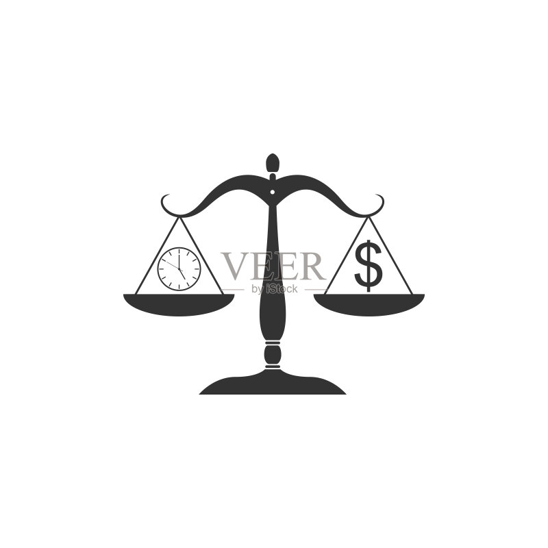 衡量金钱和时间的图标,带时钟和硬币的天平矢量图图标素材