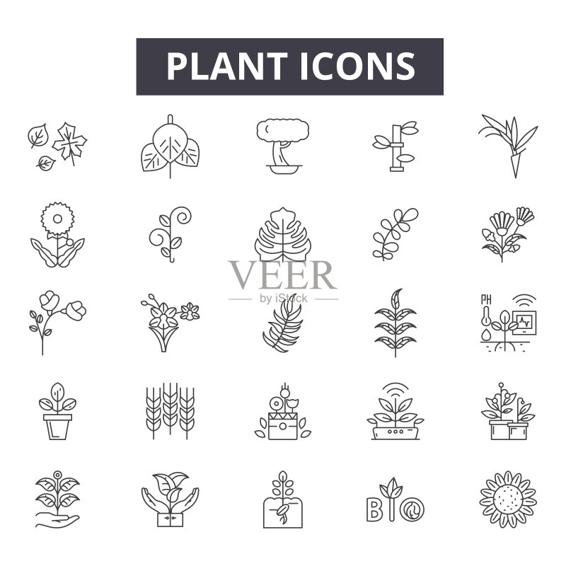 植物线性图标、符号、矢量集、线性概念、轮廓图图标素材