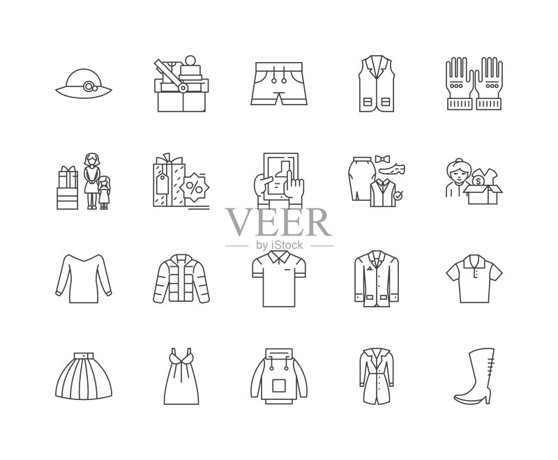 服装店线条图标、标志、矢量集、轮廓插图概念图标素材