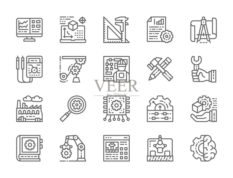 工程与制造线性图标合集:演示、工具、项目计划、机械臂、传送带等图标素材