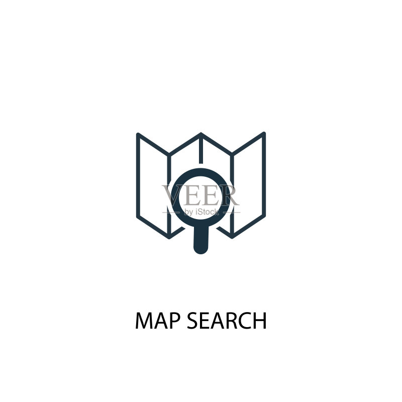 地图搜索图标。简单的元素图示。地图搜索概念符号设计。可用于网页和移动端。图标素材