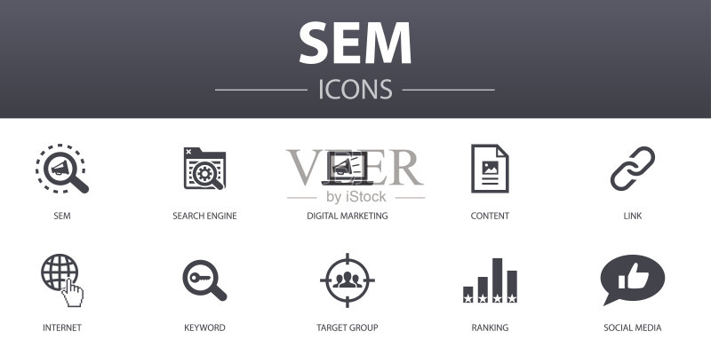 SEM 概念图标集:搜索引擎、数字营销、内容、互联网等,可用于网页、logo、UI/UX图标素材