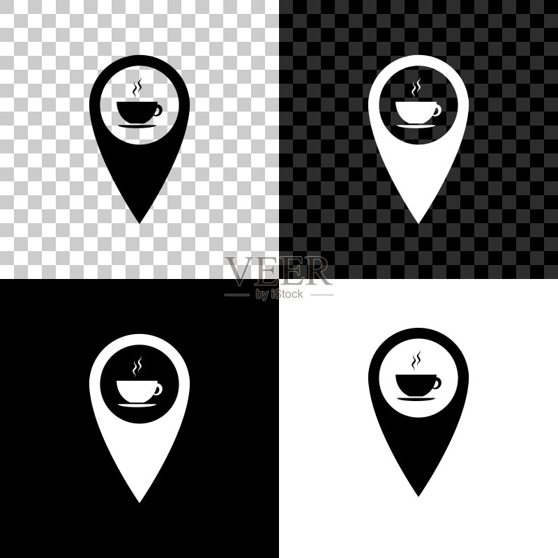 热咖啡杯图标地图指针矢量图(黑色、白色和透明背景)图标素材