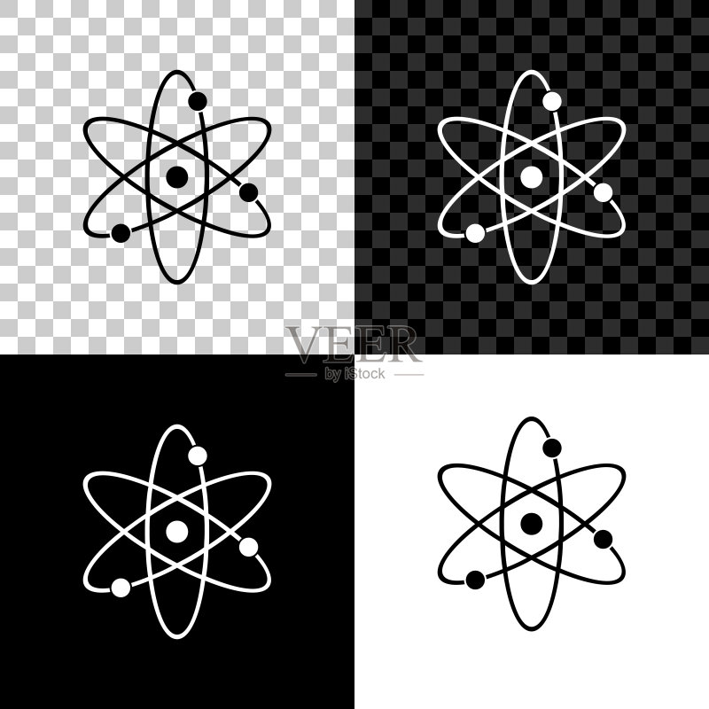 在黑色、白色和透明背景上隔离的原子图标。科学、教育、核物理、科学研究的象征。电子和质子符号。矢量图图标素材