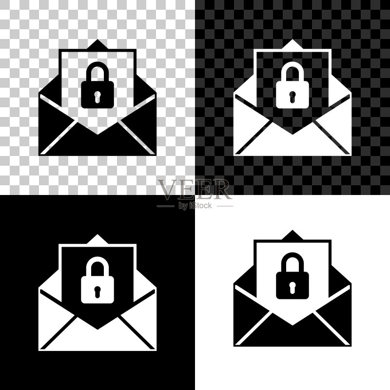 黑色背景上的安全邮件图标:带挂锁的邮件信封矢量图图标素材