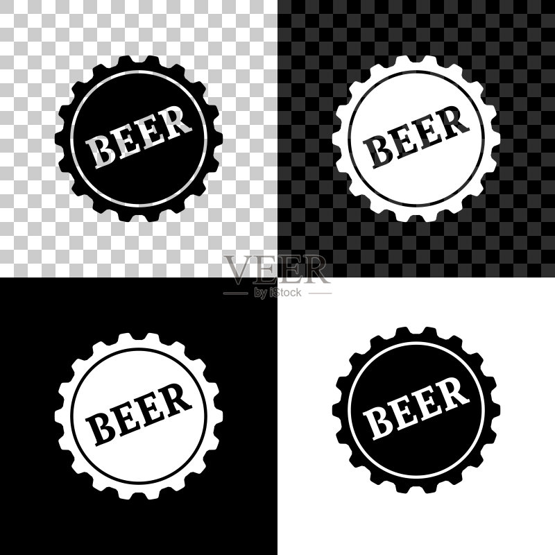 瓶盖带啤酒字样图标,黑白透明背景矢量插画图标素材