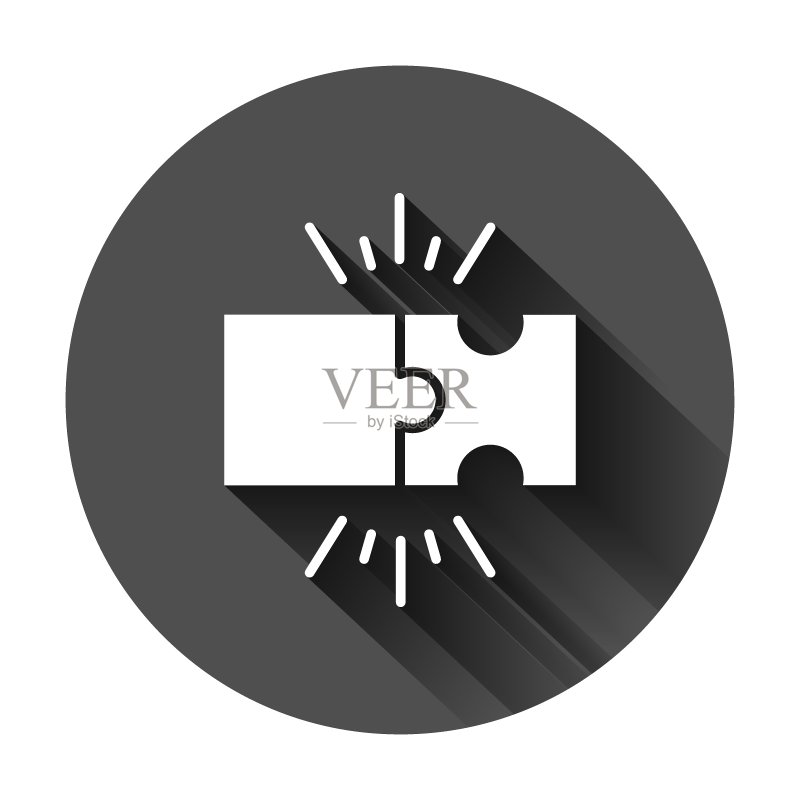 扁平风格的拼图合作图标。黑色圆形背景上的拼图协议矢量插图,带有长阴影。合作解决方案业务概念。图标素材