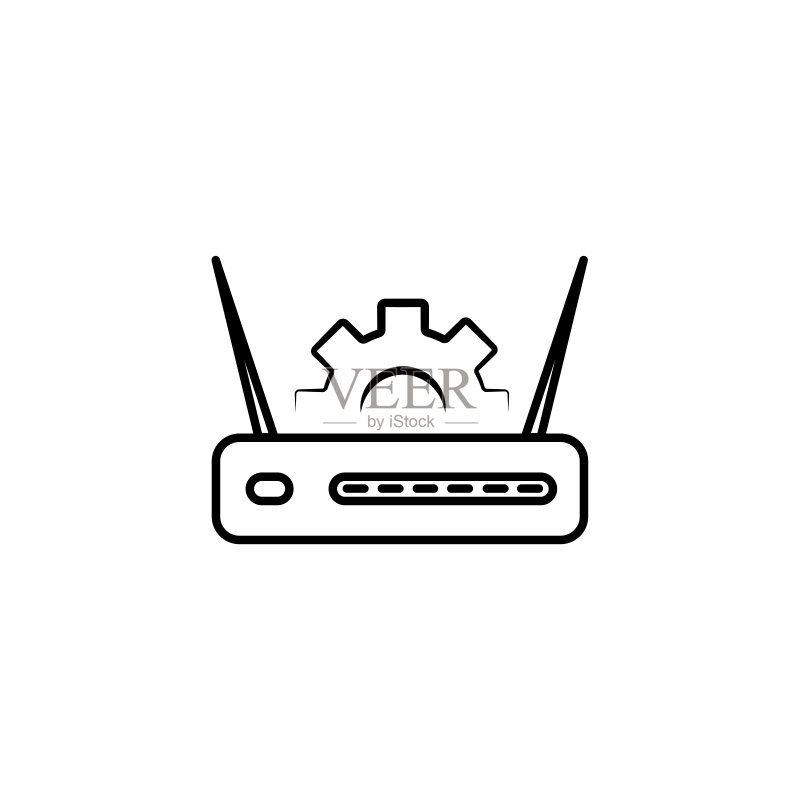 白色背景上的灰色路由器、Wi-Fi信号和齿轮图标。调整应用程序、服务概念、设置选项、维护、修理、修复。矢量图图标素材