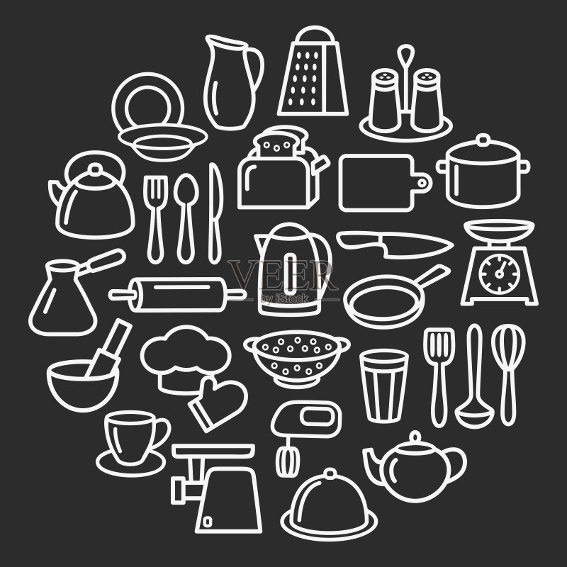 圆形厨房用具线条图标图标素材