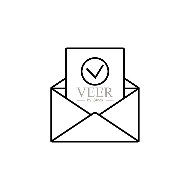 信封中已批准的答案。用于移动概念和Web应用程序的职位面试图标元素。信封中的细线已批准答案可用于Web和移动图标素材