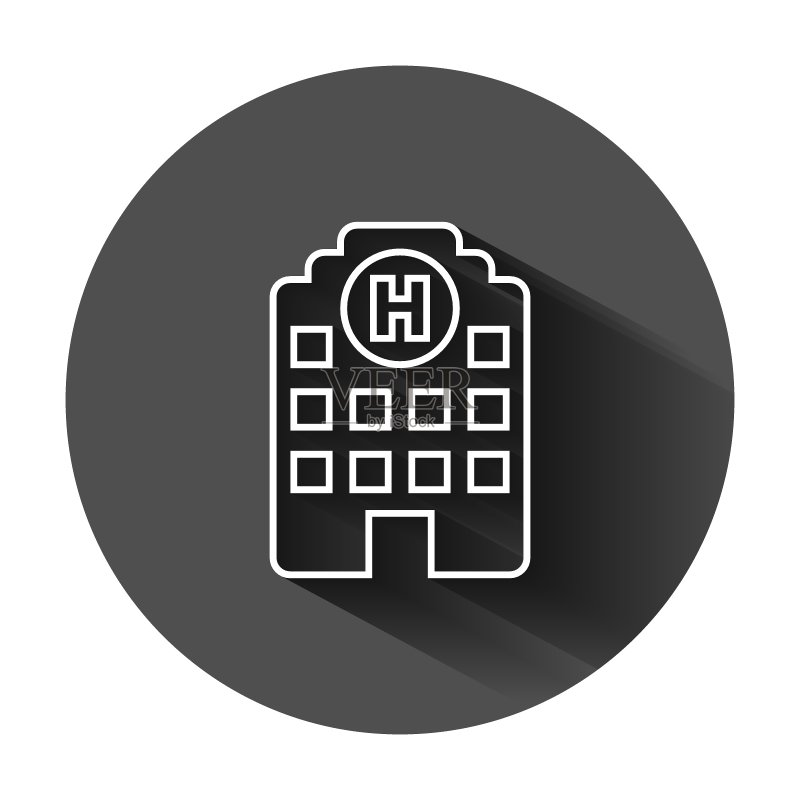 扁平风格的医院建筑图标。黑色圆形背景上的医务室矢量图,带有长阴影。医疗救护商业概念。图标素材
