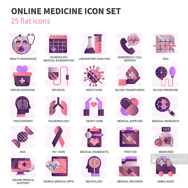 医疗健康:网站、移动站点和应用程序的医疗设备图标集。包含救护车等图标。扁平矢量图图标素材