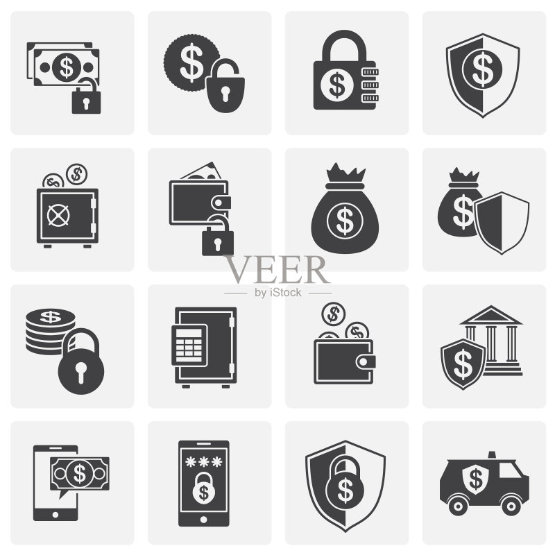 用于图形和网页设计的资金安全相关图标集。简单示意图。网站按钮或移动应用程序的互联网概念符号。图标素材