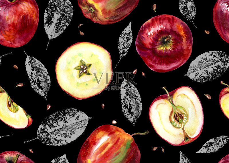 无缝模式的红苹果和图形的叶子在一个黑色的背景正版插画素材