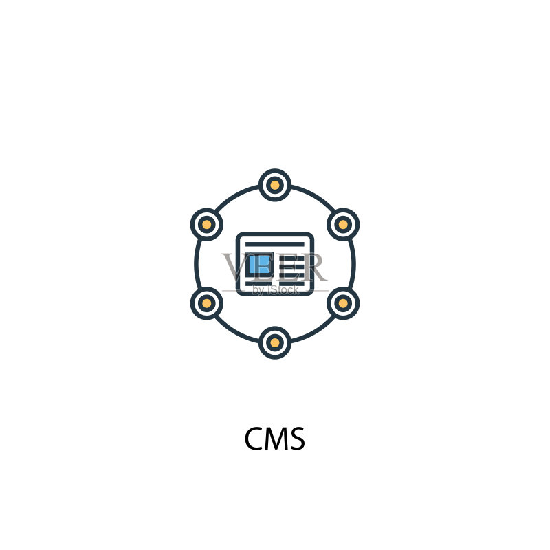 CMS概念双色线条图标。简易黄蓝元素图解。CMS概念轮廓符号设计图标素材