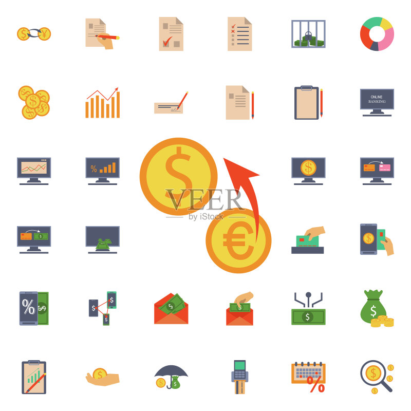 欧元兑美元汇率图标:用于网站和App开发的通用银行图标图标素材