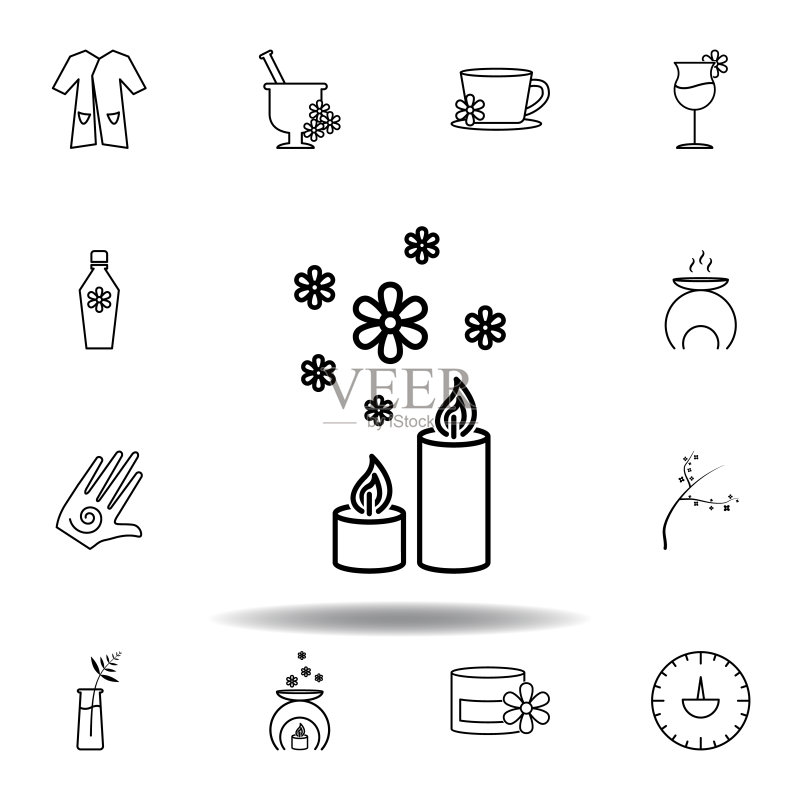 香薰蜡烛轮廓图标。SPA和放松插图图标的详细集合。可用于网站、LOGO、移动应用、UI、UX图标素材