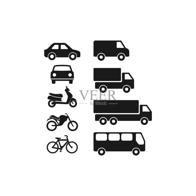 机动车辆:汽车、公共汽车、卡车扁平矢量象形图标集图标素材