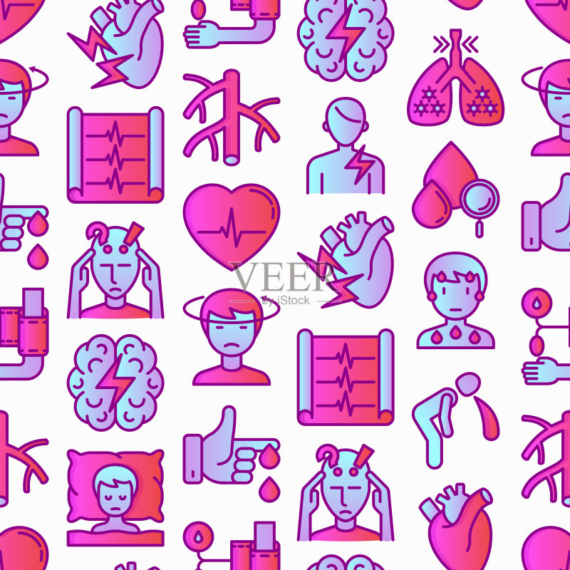 心脏病发作症状:头晕、呼吸困难、心电图、惊恐发作、虚弱、剧痛、胆固醇水平、恶心、糖尿病等细线图标的无缝图案现代矢量图图标素材