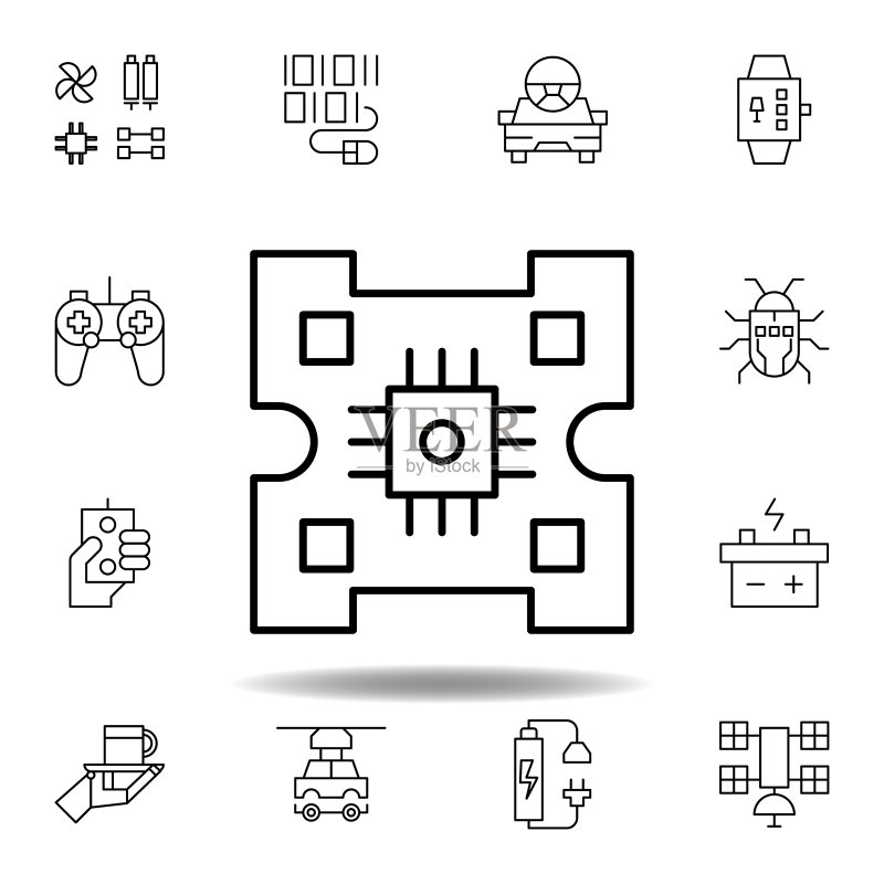 机器人主板轮廓图标。一套机器人示意图标。符号、标志可用于网页、logo、移动应用、UI、UX图标素材
