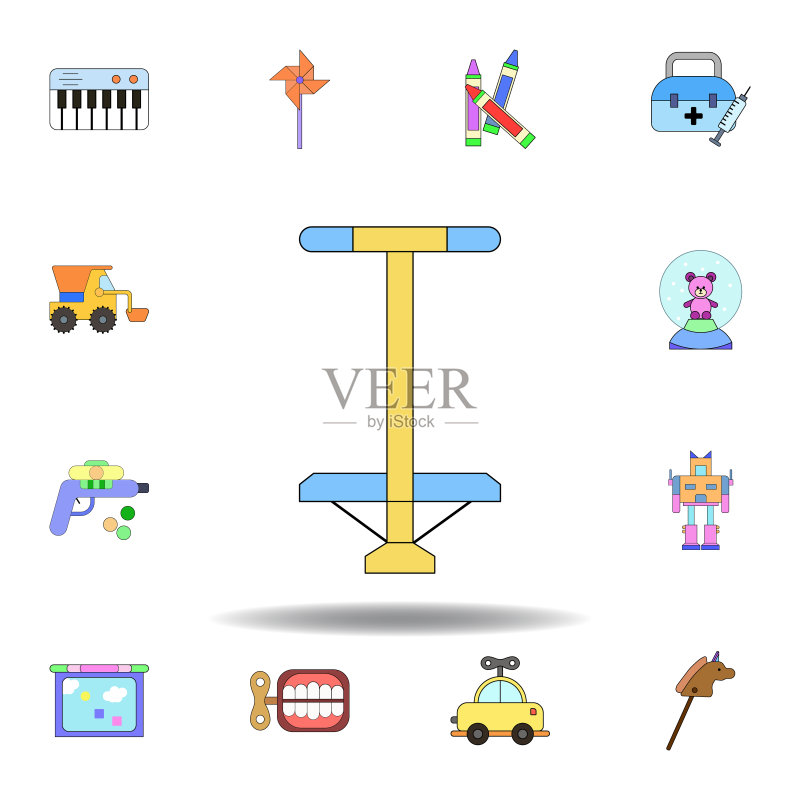 卡通弹簧杆玩具彩色图标,儿童玩具插图图标集,符号可用于网页、logo、移动应用、UI、UX图标素材