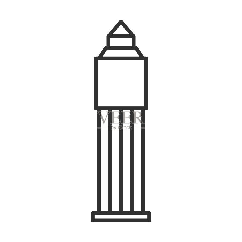 塔式办公楼线性图标,白色背景上的轮廓矢量符号,线性风格象形图。商业中心塔楼符号,LOGO图示。可编辑笔画图标素材