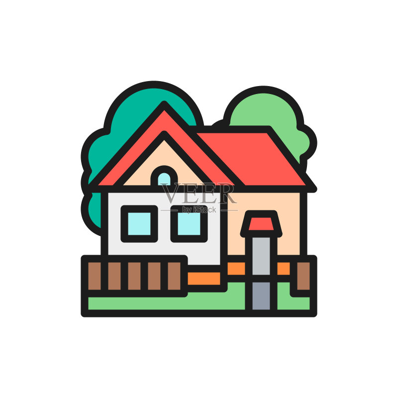 乡村住宅小屋景观扁平风格彩色线条图标图标素材