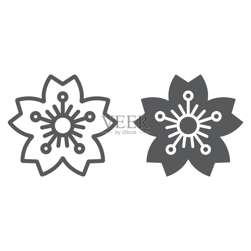 樱花线条字形图标,日本樱花标志矢量图形,白色背景上的线性图案图标素材
