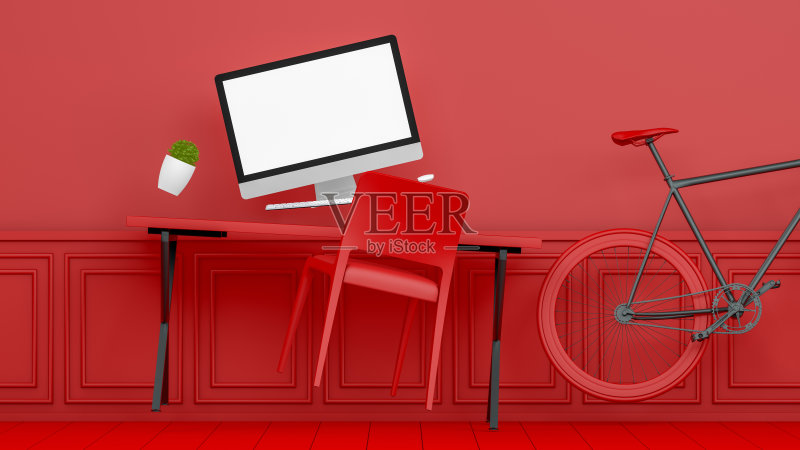 3D抽象零重力工作场所与黑屏显示器在现代室内,红色背景,圣诞节的概念正版插画素材