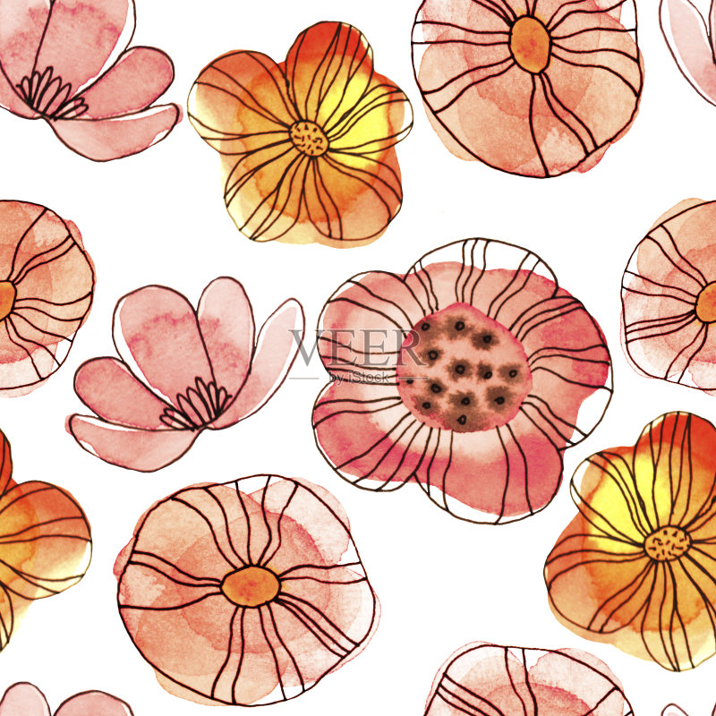 水彩无缝图案与花正版插画素材