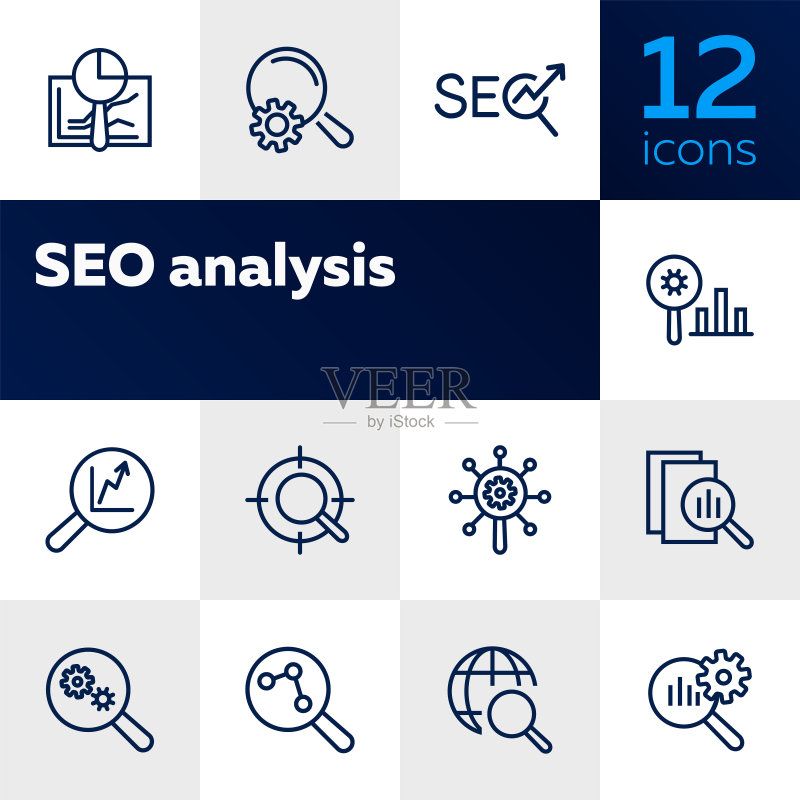 SEO分析线性图标集图标素材