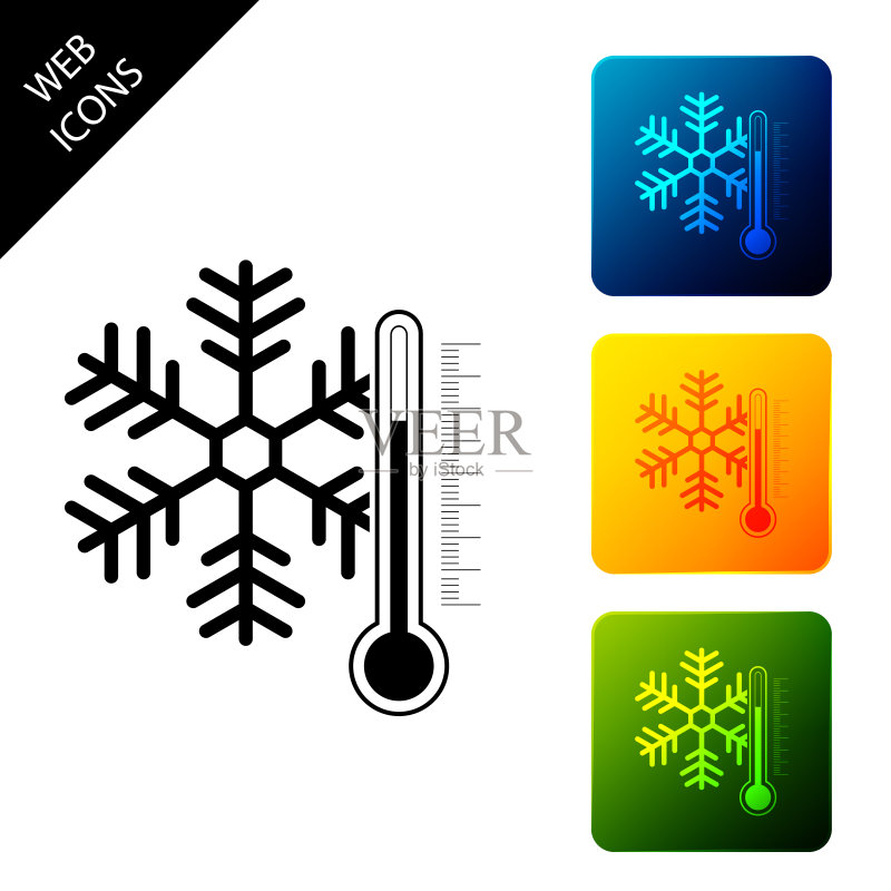 带有雪花图标的隔离温度计,设置彩色方形按钮图标,矢量图图标素材