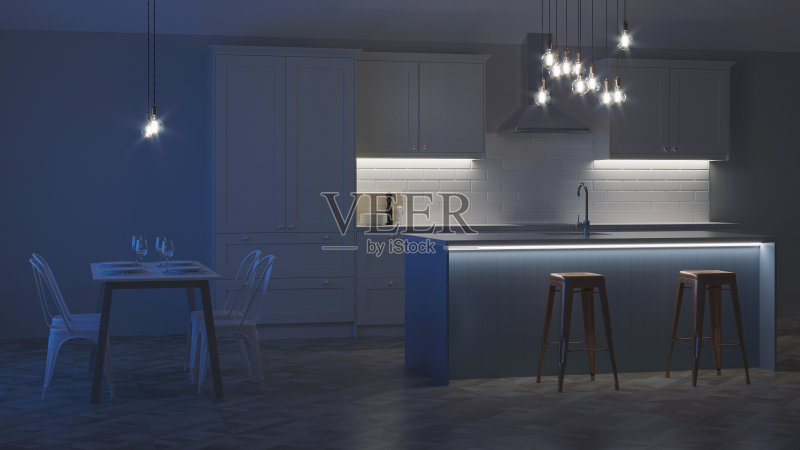 私人住宅厨房的内部。白色厨房和蓝色岛屿。的夜晚。晚上照明。3 d渲染。正版图片素材
