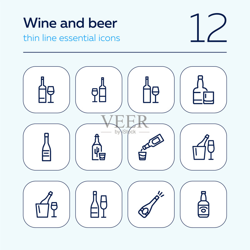葡萄酒和啤酒线性图标集图标素材